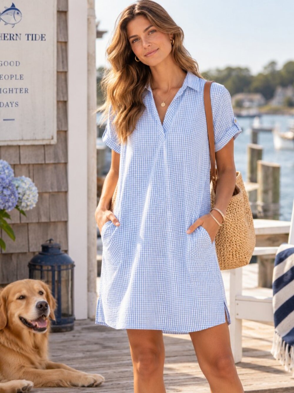 Southern Tide Dress Womens XL Blue White Gingham Shirt Dress Pockets Coastal